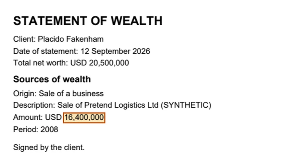 The client's statement of wealth, with the claimed amount USD 16,400,000 highlighted.