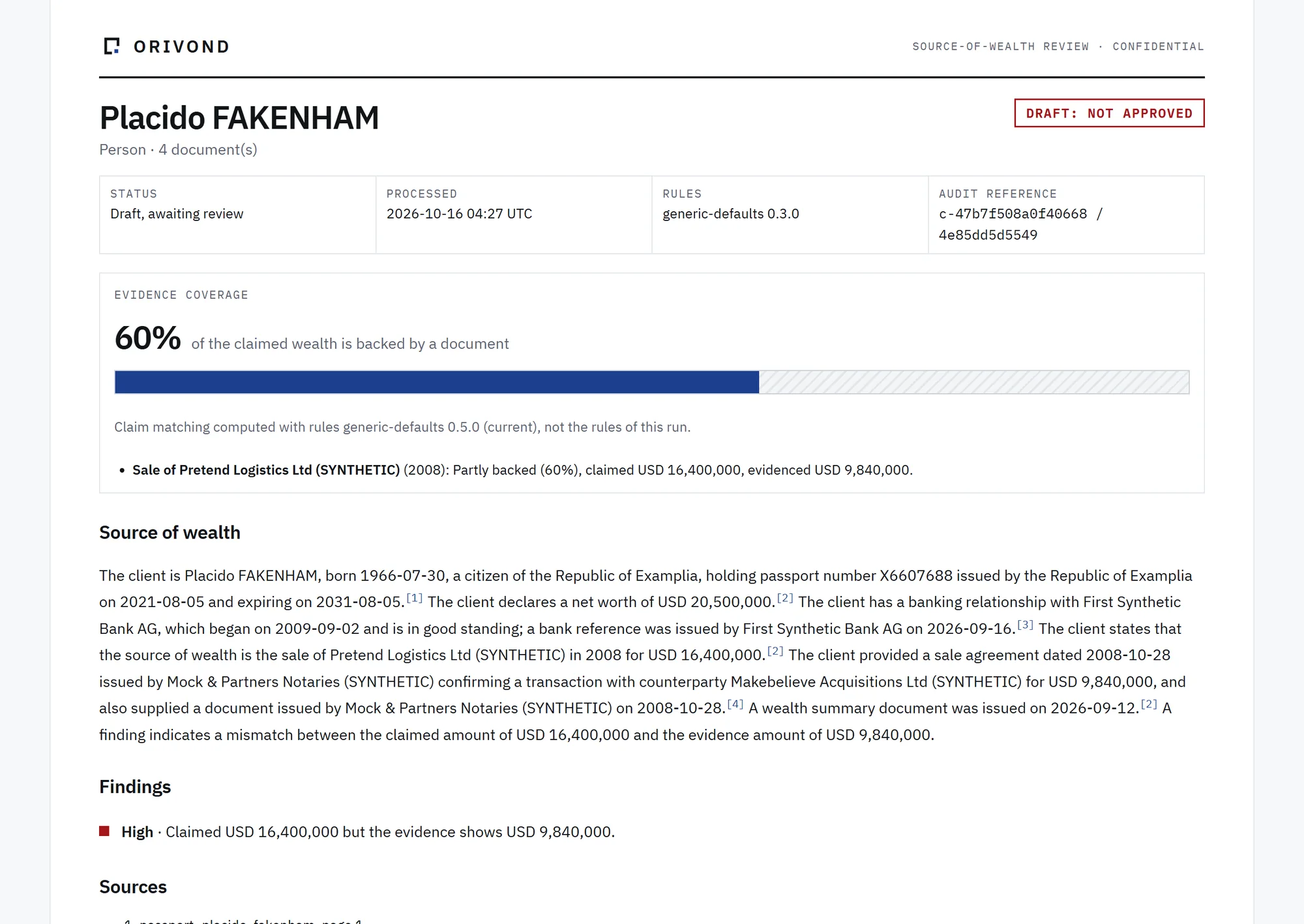 The filed memo: client details, evidence coverage and the cited source-of-wealth narrative.