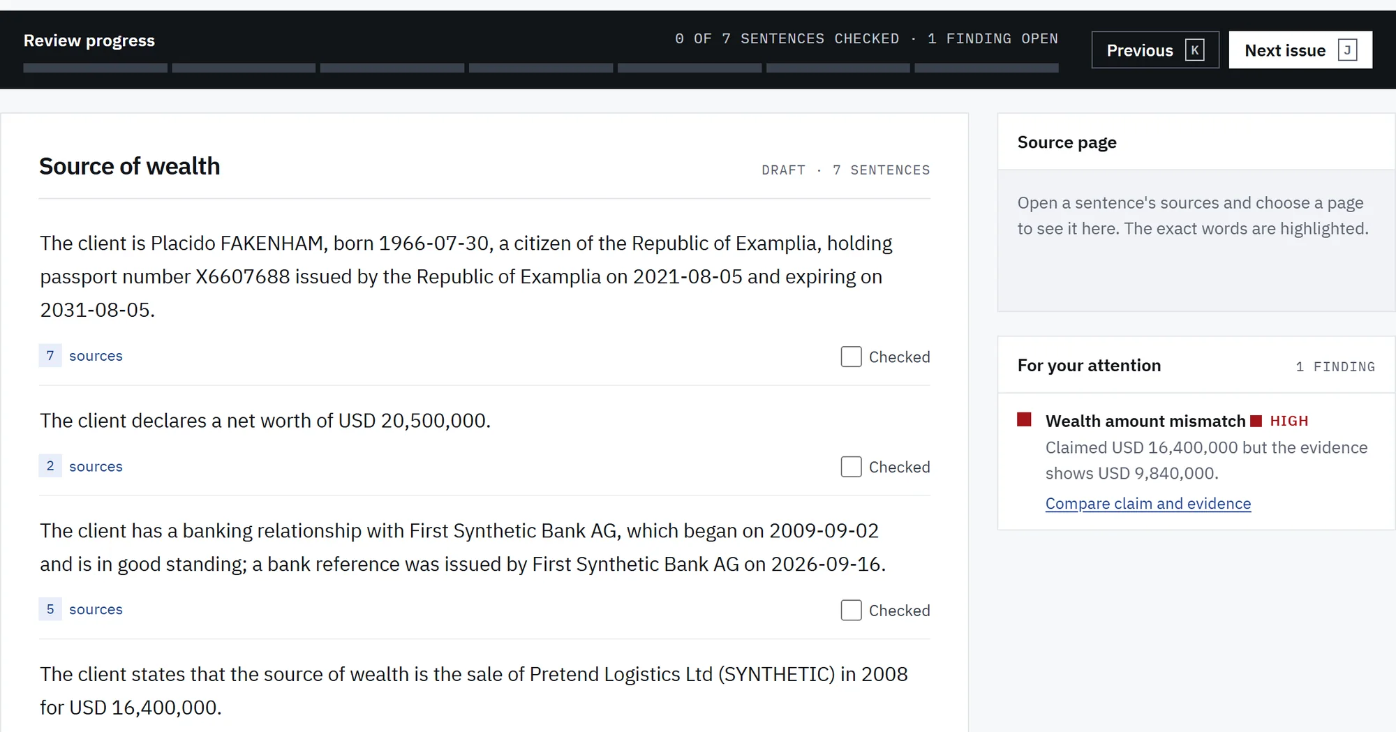 The ORIVOND review screen: a cited source-of-wealth draft, review progress, and a high-severity finding that the claimed amount differs from the evidence.